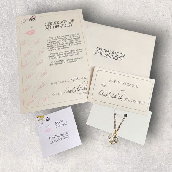 Marie Osmond “Chris” Paperboy Doll 1991 COA #293/2500 Box Stand Bracelet - Picture 9 of 12